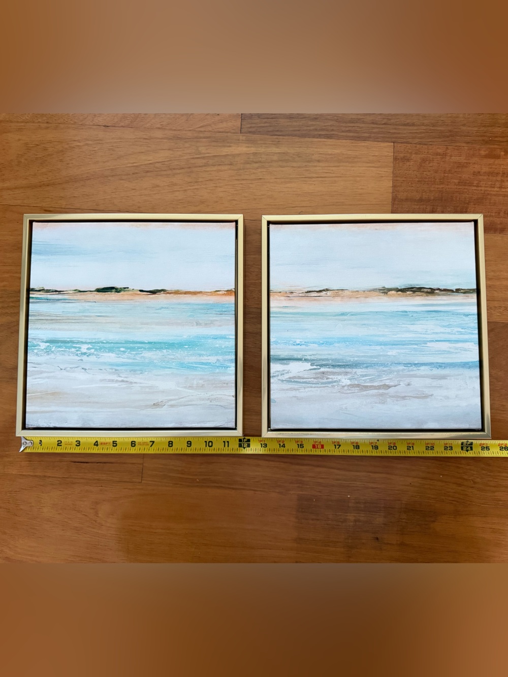 Two Coastal Horizon Beach Art Set - Turquoise & Sand Framed Wall Prints 12x12